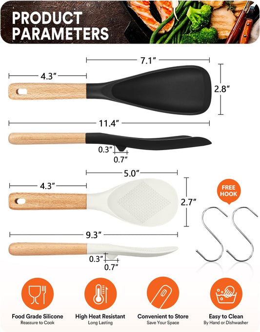 Cooking Spoon and Rice Scooper for Nonstick Cookwares, Great for Cooking and Serving Sturdy BPA-Free Matte Silicone, Wood Handle Spoon for Mixing, Scoop, and Scrape (Black Spoon & White Scooper） - Nestoria