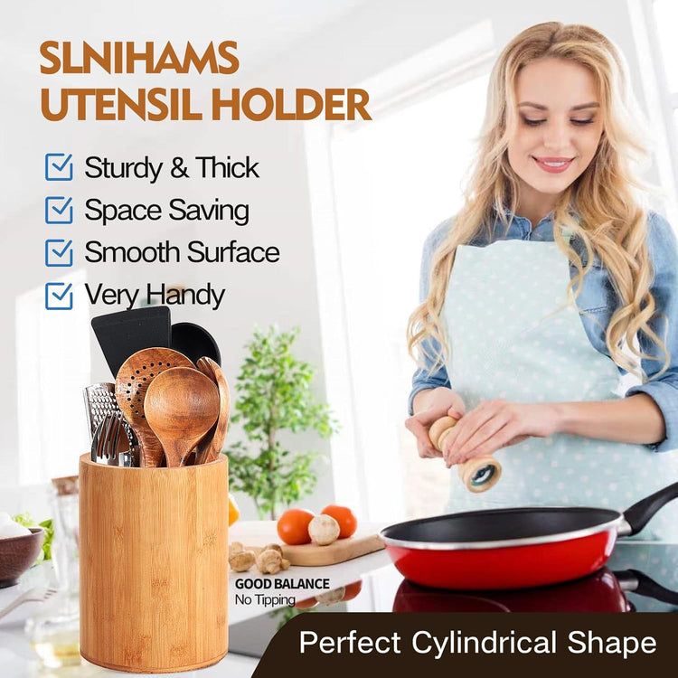 Bamboo Utensil Holder, Large Utensil Holders for Kitchen Counter, Bamboo Spoon and Chopstick Holder for Kitchen Decor, Flatware and Spatula Storage Organizer, for Countertop, Pantry and Bathroom