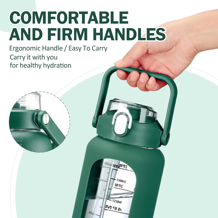 kytffu 64oz Glass Water Bottles with Straw, Half Gallon Motivational Glass Bottle with Silicone Sleeve and Time Marker, 2L Leakproof Large Glass Water Jug for Gym Home Office, Ink Green