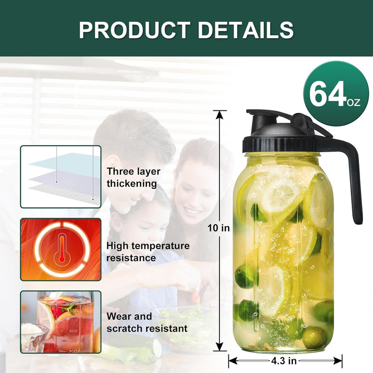 Glass Mason Jars Pitcher 64 Oz Pour Spout Lids & Handle (2 Pack) Wide Mouth Airtight Leak Proof Fridge Breast Milk Pitcher With Top Flip Cap 2 Quart Water Jug For Cold Brew Coffee, Iced Tea,