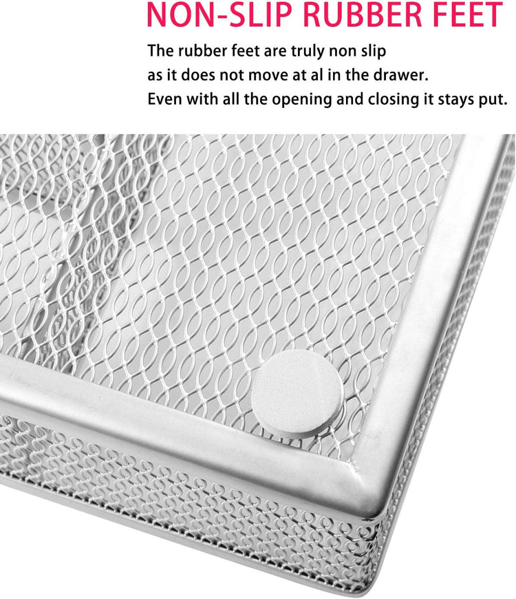 JANE EYRE Drawer Organizer, Cutlery Tray Silverware Flatware Storage Divider for Kitchen, Mesh Wire with Non-slip Foam Feet, 5 Component, Silver