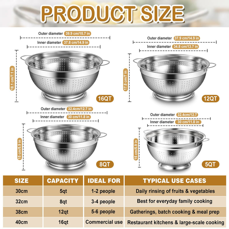 2 Pack 12 Quart Heavy Duty Stainless Steel Colander with Footed Base and Handles Pasta Spaghetti Berry Fruit Vegetable Kitchen Food Strainer Basket (2 Count)