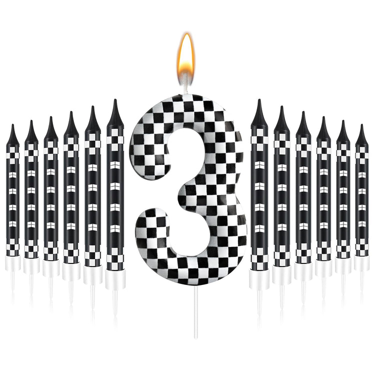 13 Pcs Racing Cars Themed Birthday Candles Black and White Race Number 3 Checkered Candle Cake Topper for Racing Car Party Decoration Supplies (13 Count)