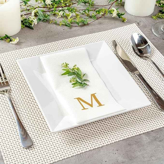 Luxenap 15.8 X 7.9 Inch Linen-Feel Guest Towels, 50 Lettered Hand Towels - Gold Letter 'M', Sans Serif Font, White Paper Dinner Napkins, airlaid, For Restrooms And Tables