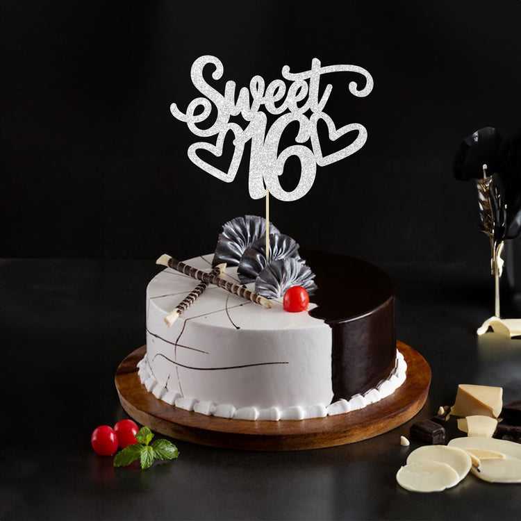 1Pc Sweet Teenager 16 Cake Topper Glitter 16th Birthday Cake Pick for Cheers to 16 Years Old 16th Birthday Party Cake Decorations Supplies Sliver