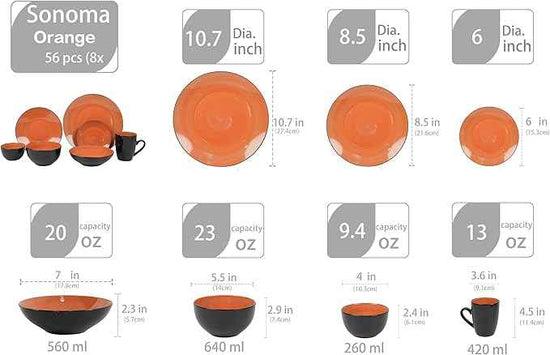 Stoneware Sonoma Dinnerware Set, Black + Speckled Spin Wash (56pc Set, Orange)