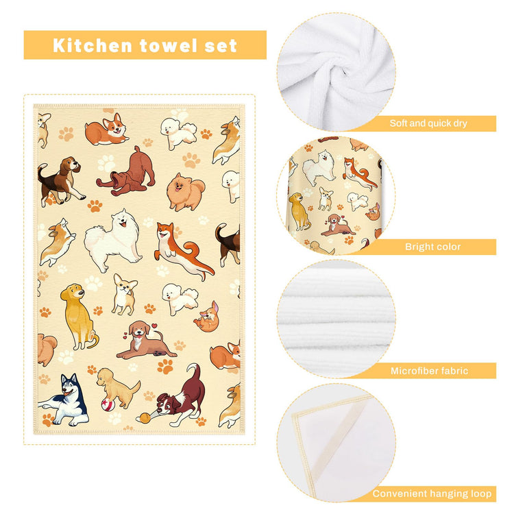 Cute Dogs Kitchen Towels and Oven Mitts Set 4Pcs (4 Count)