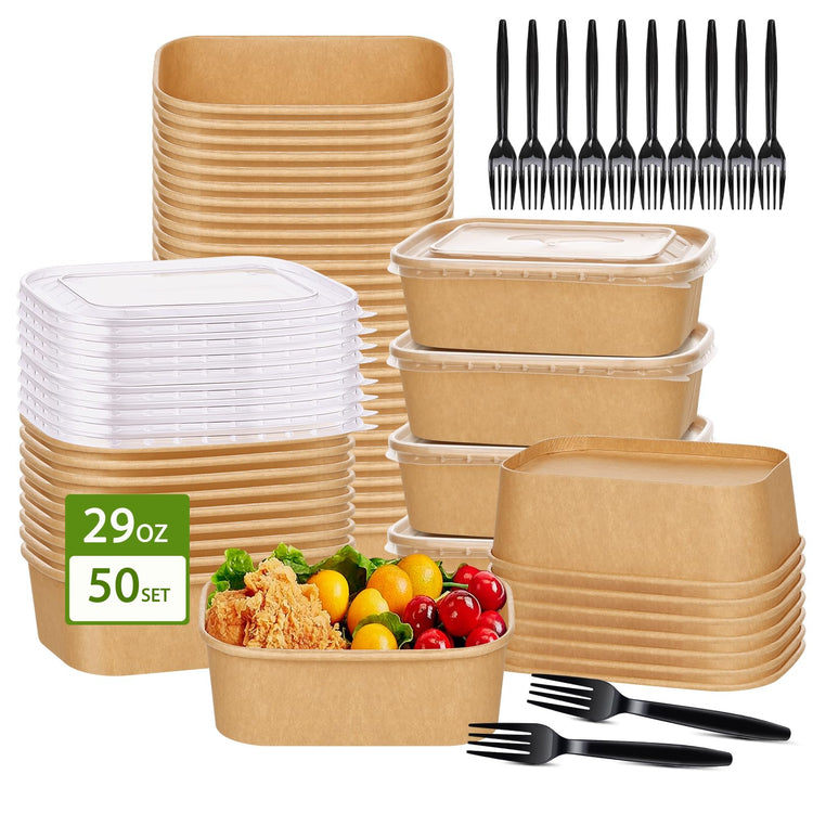 50 Pack 29oz Disposable Kraft Paper Bowls【with Lids and Forks】 (50 Count)
