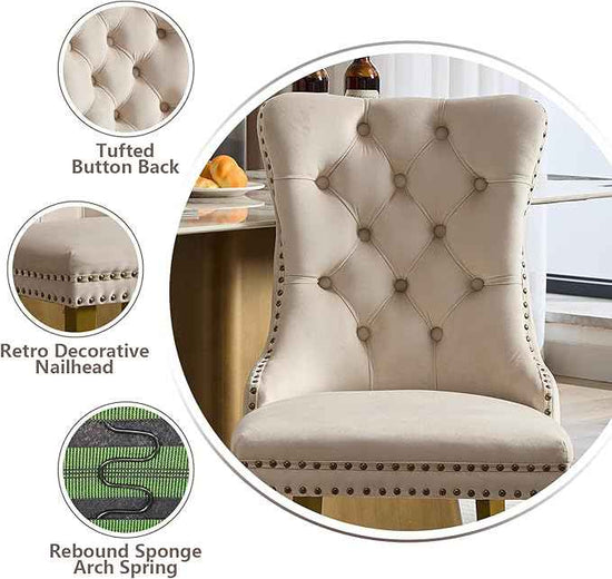 Velvet Dining Chairs Set of 2, Modern Tufted Dining Room Chair, Upholstered Dining Chairs with Lion Head Pulls Ring and Golden Solid Wood Legs, Luxury Kitchen Chairs for Dining Room, Beige