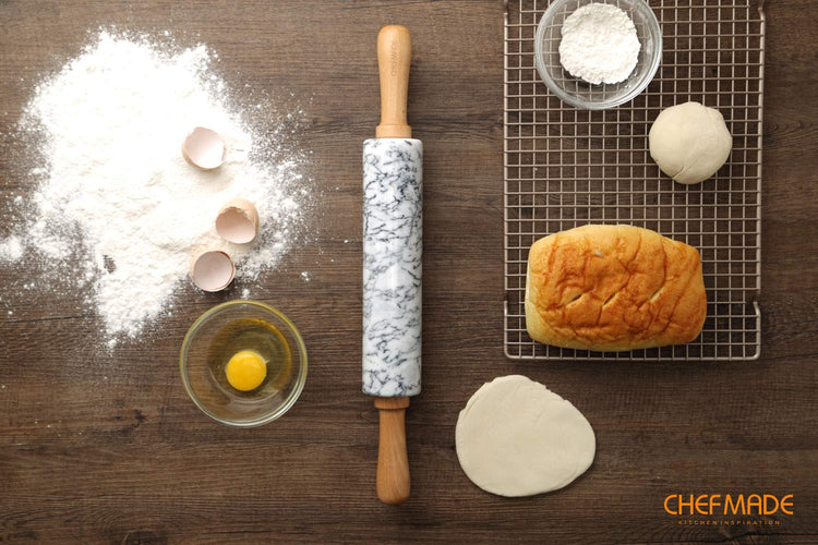 18 Inch Marble Rolling Pin with Wooden Handles and Cradle