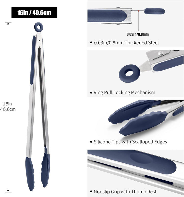 Doosu Kitchen Tong for Cooking: 600°F Heat-Resistant Silicone Food Tong, Stainless Steel Locking Tongs for BBQ (16in, Blue)