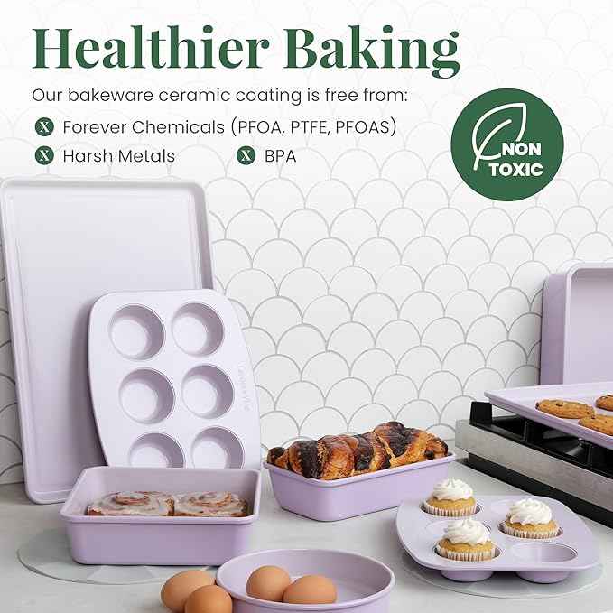 Larder & Vine 8-Piece Bakeware Set | Non-Stick Baking Set with Ceramic Finish | PFAS, PFOA, PTFE, and BPA Free Baking Essentials | Baking Sheets, Muffin Tins and Assorted Baking Pans | Lavender