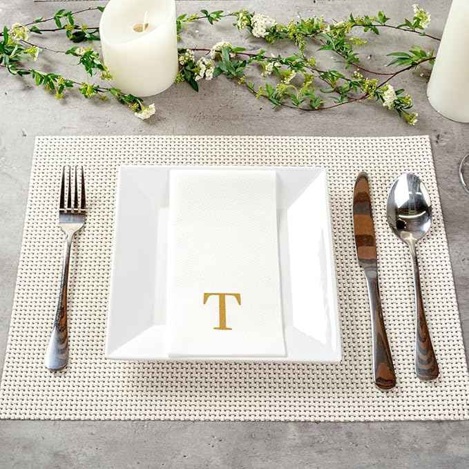 Luxenap 15.8 X 7.9 Inch Linen-Feel Guest Towels, 2000 Lettered Hand Towels - Gold Letter 'T', Sans Serif Font, White Paper Dinner Napkins, airlaid, For Restrooms And Tables