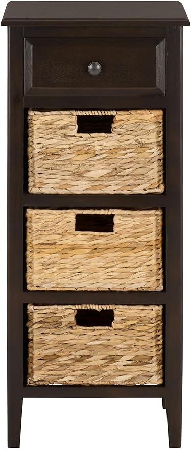 SAFAVIEH Home Collection – Michaela Dark Chocolate 4-Drawer Storage Unit, Natural Rattan Basket Organization, Fully Assembled (AMH5744F)