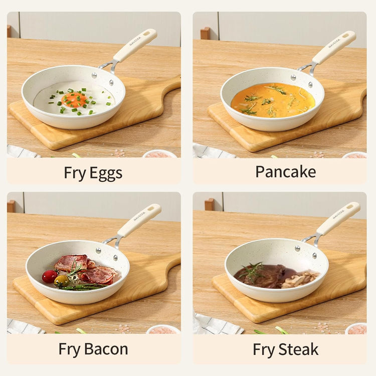 Mini Nonstick Egg Pan, 6.3 Inch Omelet Pan, Small Single Serve Egg Nonstick Skillet, Medical Stone Coating Cookware with Heat-Resistant Handle (16 cm, White)