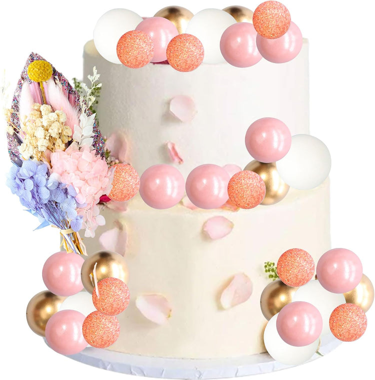 Gyufise 21 Pack Flower Boho Cake Topper Ball Cake Decorations Palm Leaves Plants Cake Decor for Girl Bohemian Princess Theme Wedding Baby Shower Birthday Party Supplies Pink