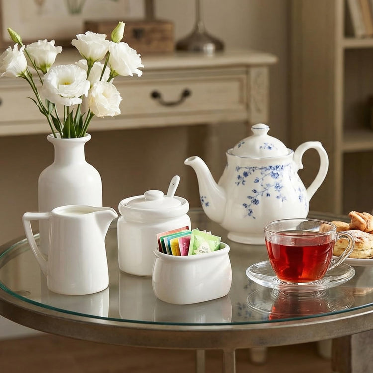 Set of 4 Porcelain Creamer and Sugar Set with Saucer