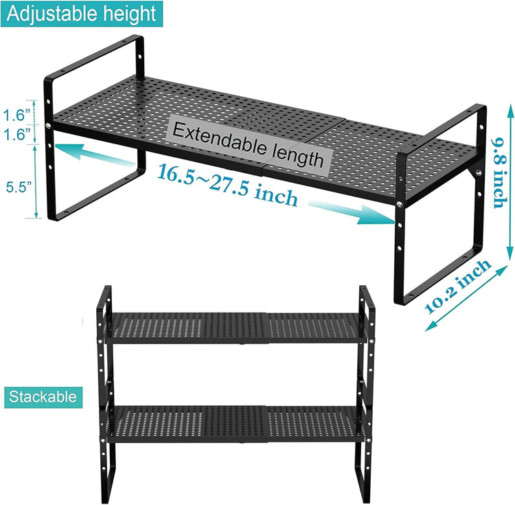 iPEGTOP Large Expandable Cabinet Storage Shelf Organizer Rack, Heavy Duty Stackable Steel Metal Spice Rack Adjustable Height Office Pantry Garage Shelves for Counter Kitchen, Black - 1 Pack