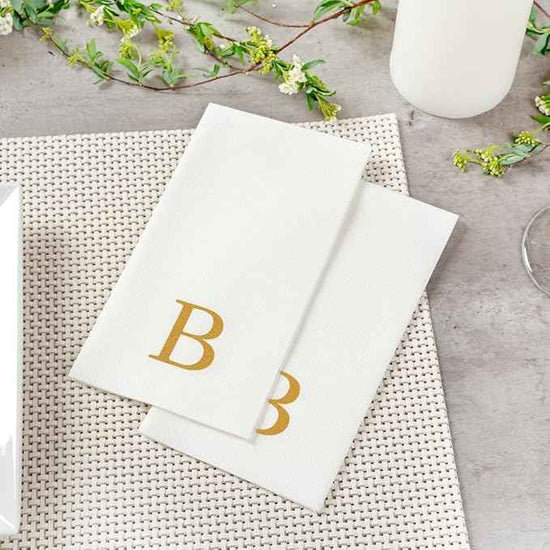 Luxenap 15.8 X 7.9 Inch Linen-Feel Guest Towels, 50 Lettered Hand Towels - Gold Letter 'B', Sans Serif Font, White Paper Dinner Napkins, airlaid, For Restrooms And Tables - Restaurantware