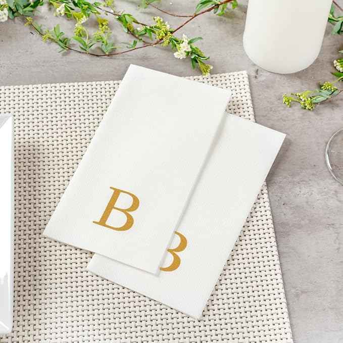 Luxenap 15.8 X 7.9 Inch Linen-Feel Guest Towels, 50 Lettered Hand Towels - Gold Letter 'B', Sans Serif Font, White Paper Dinner Napkins, airlaid, For Restrooms And Tables - Restaurantware