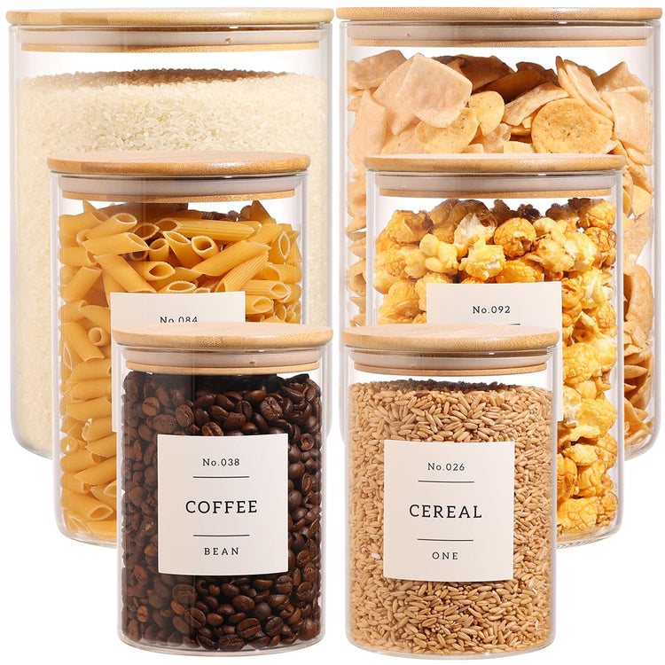 6 Pack Borosilicate Glass Storage Jars with Bamboo Lids + 132 Pre