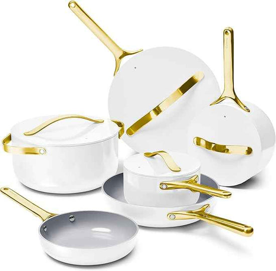 Caraway Deluxe Non-stick Ceramic Cookware Set (16 Piece) Pots, Frying Pans, Lids and Kitchen Storage - PFAS & PFOA Free - Oven Safe Pan Set & Compatible with All Stovetops - White