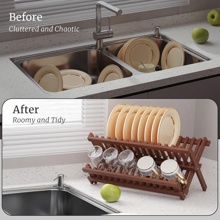 Teak Dish Drying Rack,Folding Collapsible Drainer Plate Organizer Holder for Kitchen,Foldable Spice Rack for Countertop and Cabinet,Pantry Organization and Storage