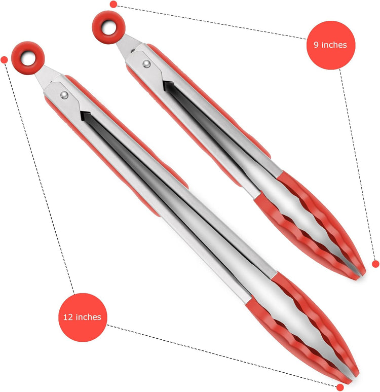 Set of 2 Kitchen Tongs 9-Inch & 12-Inch, Premium Stainless Steel BPA Free Silicone Non-Stick Grilling Barbeque Cooking Locking Food Tongs, Red