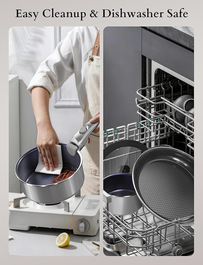 DUXANO Ceramic Pots and Pans Set Non Stick, 2026 Upgraded Hybrid Frypan, 1.5&2 QT Saucepans with Lid, Oil-less Cooking, PFAS Free Non Toxic, Induction Ready,Oven&Dishwasher Safe,Removable Handle,12PC