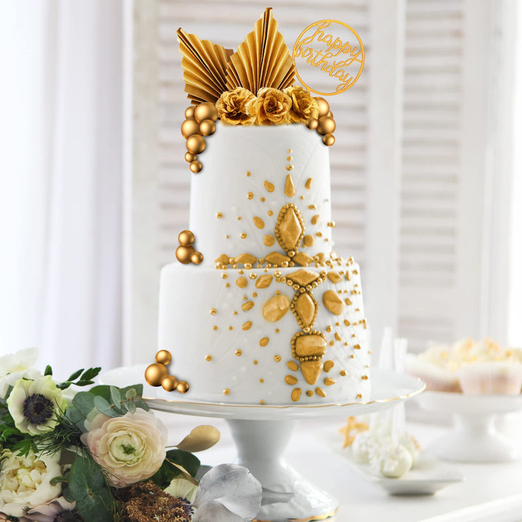52 Pcs Gold Happy Birthday Cake Topper Decoration Boho Wedding Cake Topper Rose Flower Butterfly Palm Leaves Balls Birthday Decoration for Women Men Party Decor