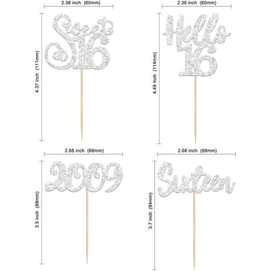 Gyufise 24Pcs 16th Birthday Cupcake Toppers Silver Glitter Hello 16 Sweet 16 Cupcake Picks 2009 16th Birthday Cake Decorations for Celebrating 16th Birthday Anniversary Party Supplies