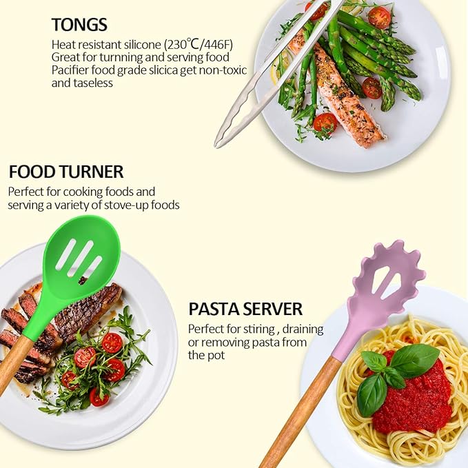 Umite Chef Kitchen Cooking Utensils Set, 33 pcs Non-stick Silicone Cooking Kitchen Utensils Spatula Set with Holder, Wooden Handle Silicone Kitchen Gadgets Utensil Set (Colorful)