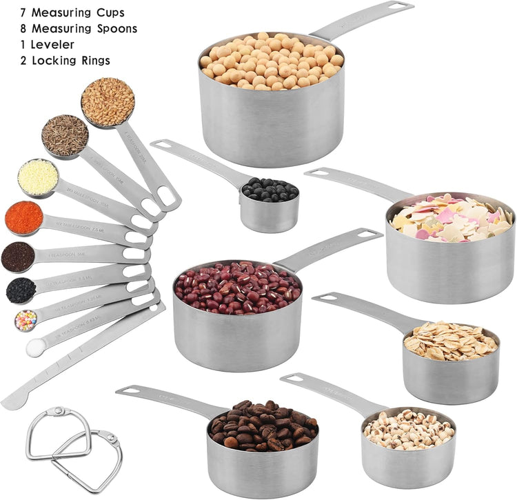 Measuring Cups and Spoons Set of 15 Pcs, 7 Stainless Steel Stackable Heavy Measuring Cups, 8 Measuring Spoons, Metal Measuring Spoons and Cups for Dry or Wet Ingredients During Baking.