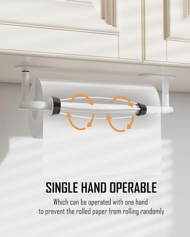 Paper Towel Holder Under Cabinet, Single Hand Operable Roll Holder with Damping Effect,No Drilling or Wall Mounted SUS304 Stainless Steel for Kitchen Bathroom (White)