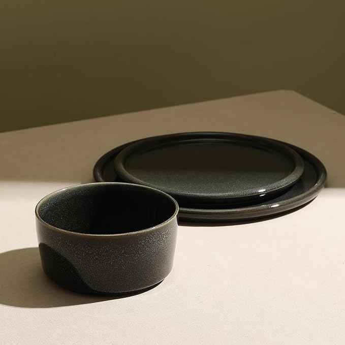 Stone Lain Eden 12-Piece Dinnerware Set Stoneware, Plates and Bowls Set, Dishwasher and Microwave Safe Dish, Dish Set for 4, Charcoal Grey