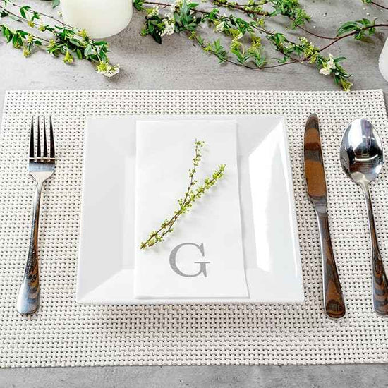 Luxenap 15.8 X 7.9 Inch Linen-Feel Guest Towels, 50 Lettered Hand Towels - Silver Letter 'G', Sans Serif Font, White Paper Dinner Napkins, airlaid, For Restrooms And Tables - Restaurantware