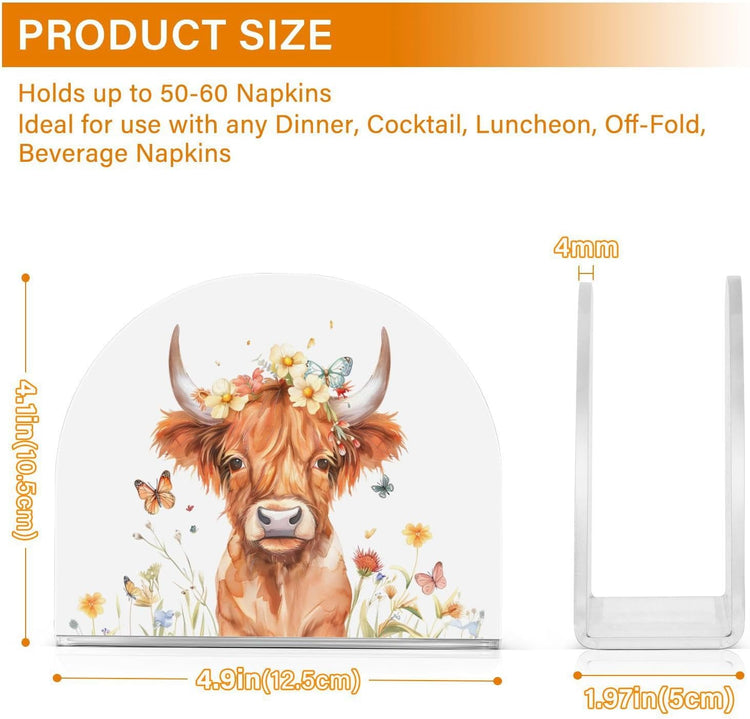 Highland Cow with Butterflies Napkin Holder for Table Paper Napkins Holder Acrylic Tissue Dispenser Kitchen Dining Room Bathroom Party Car Decor