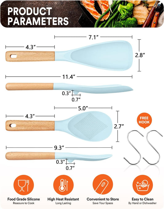 Cooking Spoon and Rice Scooper for Nonstick Cookwares, Great for Cooking and Serving Sturdy BPA-Free Matte Silicone, Wood Handle Spoon for Mixing, Scoop, and Scrape (BLUE) - Nestoria