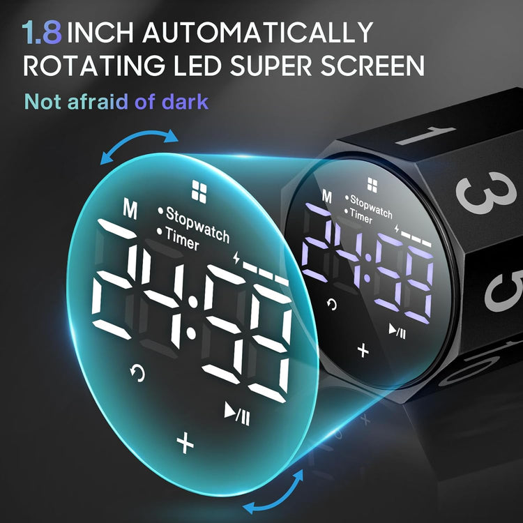 Digital Pomodoro Timer,Frosted Metal Productivity Cube Timer,1.8 In LED Digital Large Screen and Auto-rotating Display,1/3/5/10/25/30/60min & Custom Time, Silent & Alarm,for Office, Study, Work(Black)