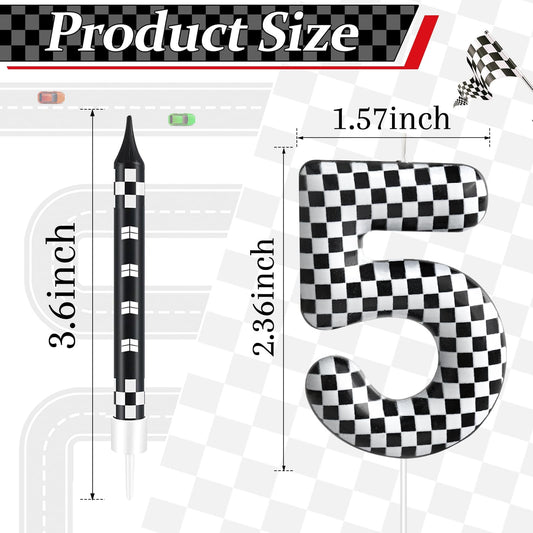 13 Pcs Racing Cars Themed Birthday Candles Black and White Race Number 5 Checkered Candle Cake Topper for Racing Car Party Decoration Supplies (13 Count)