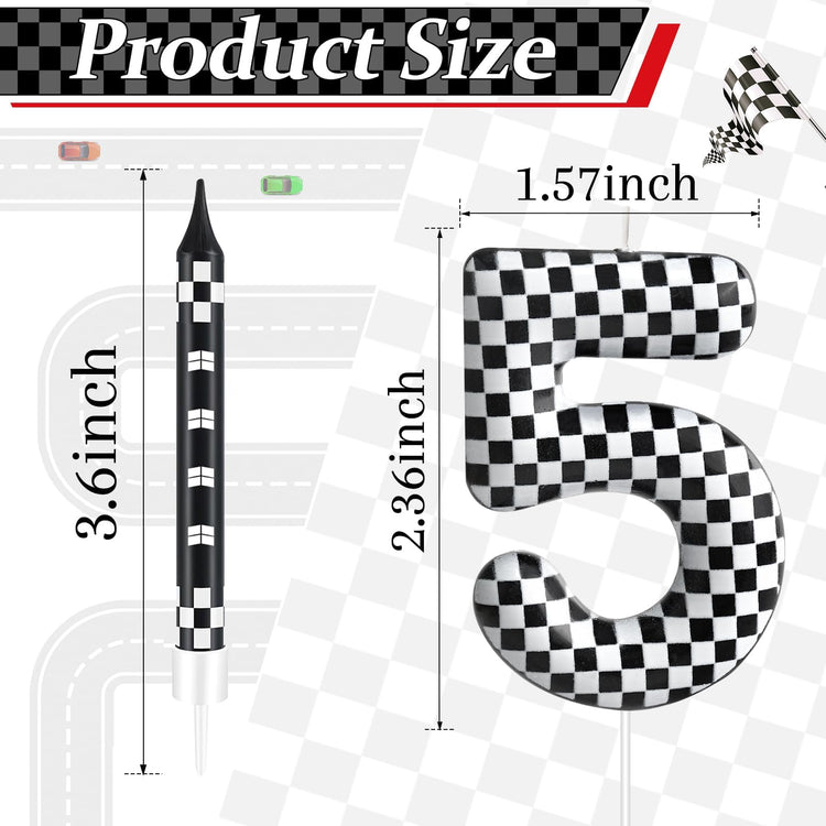 13 Pcs Racing Cars Themed Birthday Candles Black and White Race Number 5 Checkered Candle Cake Topper for Racing Car Party Decoration Supplies (13 Count)