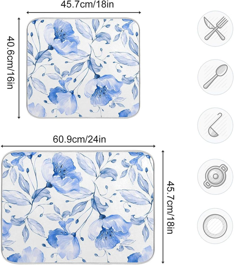 Spring Blue Flowers Leaves Dish Drying Mat for Kitchen Counter Absorbent Microfiber Drying Pad, Medium 16x18 in, Reversible Drainer Mats