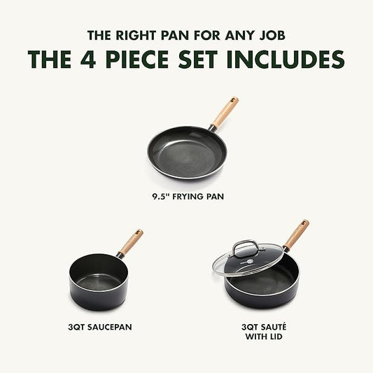 GreenPan Hudson Healthy Ceramic Nonstick, 4 Piece Cookware Pots and Pans Set, Vintage Wood Inspired Handle, PFAS-Free, Dishwasher Safe, Black