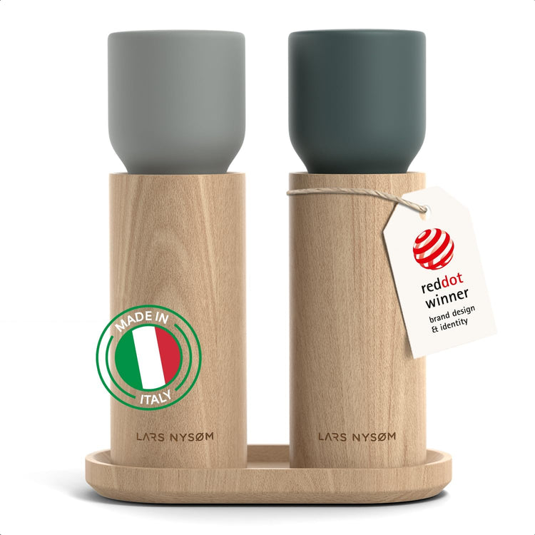 LARS NYSØM Wooden Salt and Pepper Grinder Set Manual with Tray - Salt and Pepper Mills with Adjustable Ceramic Grinder - Elegant Beechwood Pepper and Salt Mill Set for Dining Table (Blue/Gray)