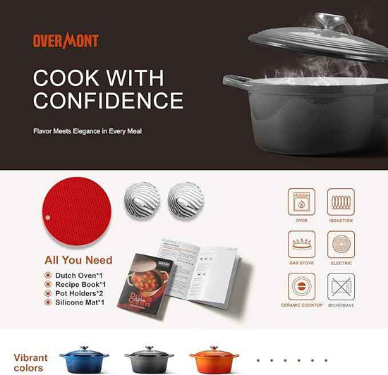 Overmont Refined Enameled Cast Iron Dutch Oven - 5.5QT Pot with Wide Handles Lid Cookbook & Cotton Potholders - Heavy-Duty Pre-Seasoned Cookware Oven Safe to 500°F for Braising, Stews, Roasting, Bread Baking