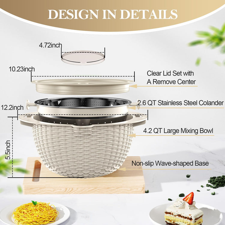 4-in-1 Colander with Bowl Set — Patented 360° Rotatable Strainer Bowl with 3 Graters, Snap-On Lid & Non-Slip Base, Funny Kitchen Present for Women, Aesthetic Pasta Fruit Vegetable Strainer (Beige)