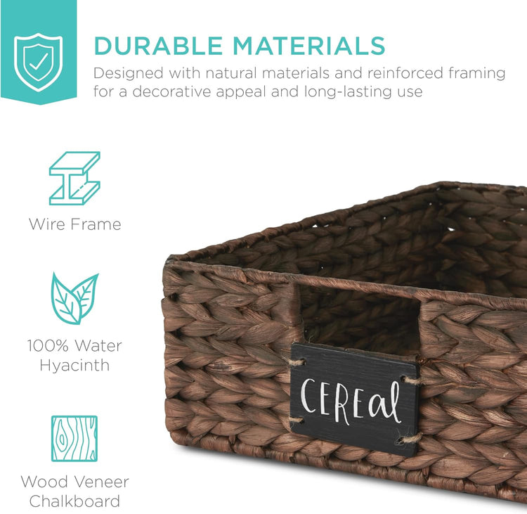 Best Choice Products Set of 4 16x12in Large Water Hyacinth Pantry Baskets, Woven Organizers w/Chalkboard Label, Chalk Marker - Brown