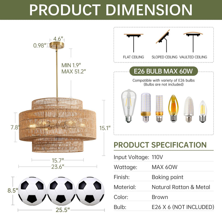 24" Rattan Chandelier for Dining Room