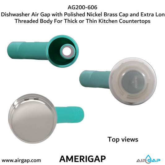 Dishwasher Air Gap with Skirted Polished Nickel Brass Cap and Extra Long Threaded Body for Thick or Thin Kitchen Countertops