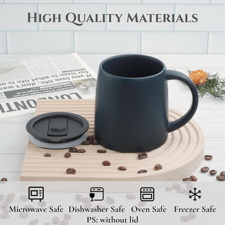 Classic Mug, 14 oz Large Coffee Mug with Handle, Ceramic Porcelain Tea Cup, Smooth Matte (Sliding Lid, Navy Blue)